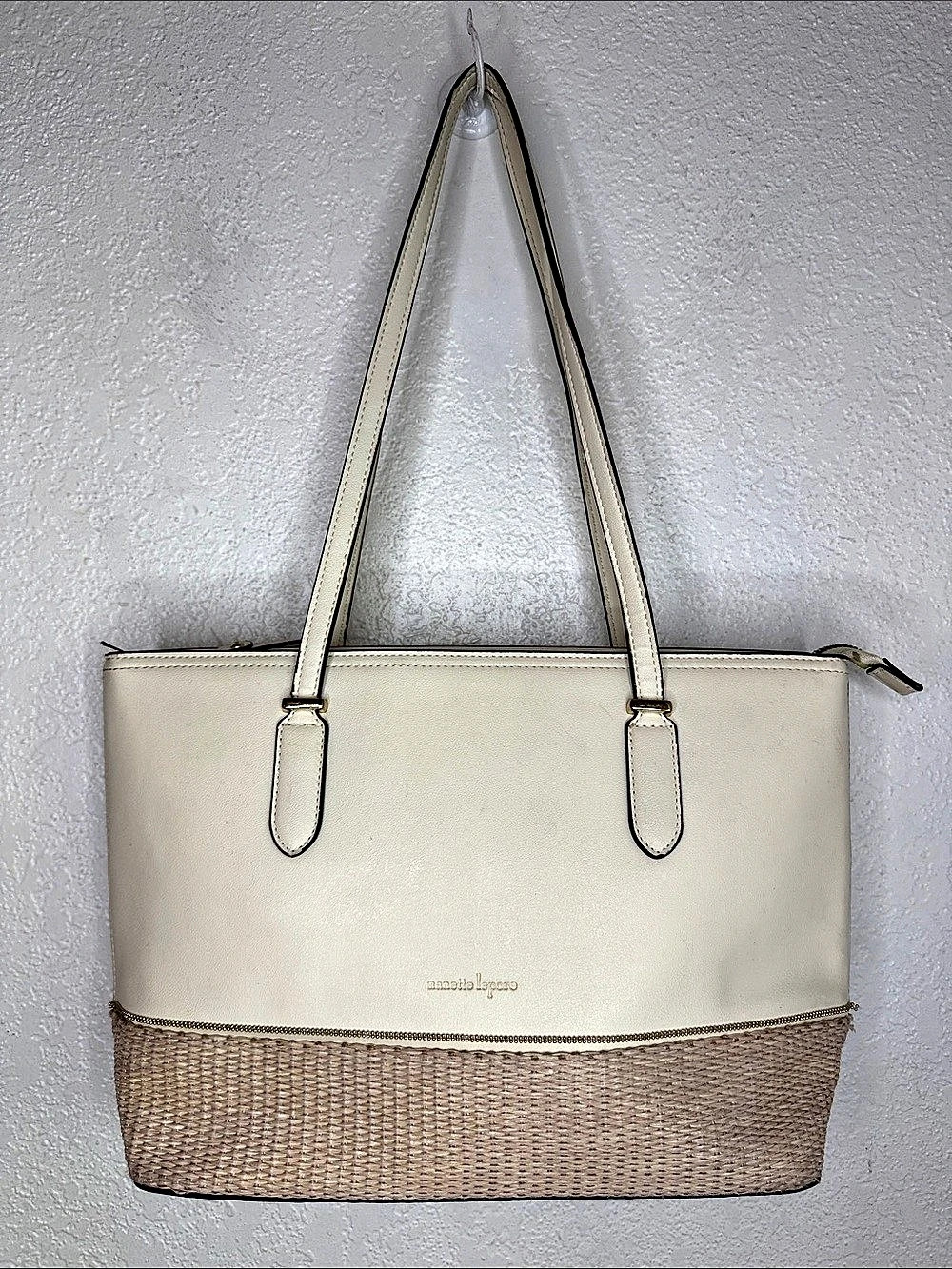 Nanette Lepore Cream Faux Leather Woven Raffia Base Shoulder Tote Handbag